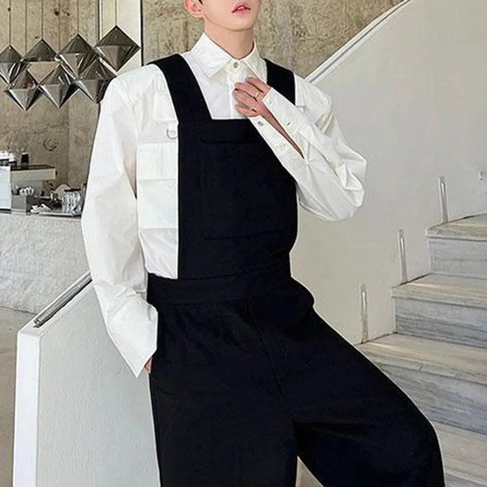 Aidase Mens Autumn Winter Solid Color Korean Retro Overalls Genderless Trendy Casual Versatile Wide Shoulder Wide Leg Pants For Men