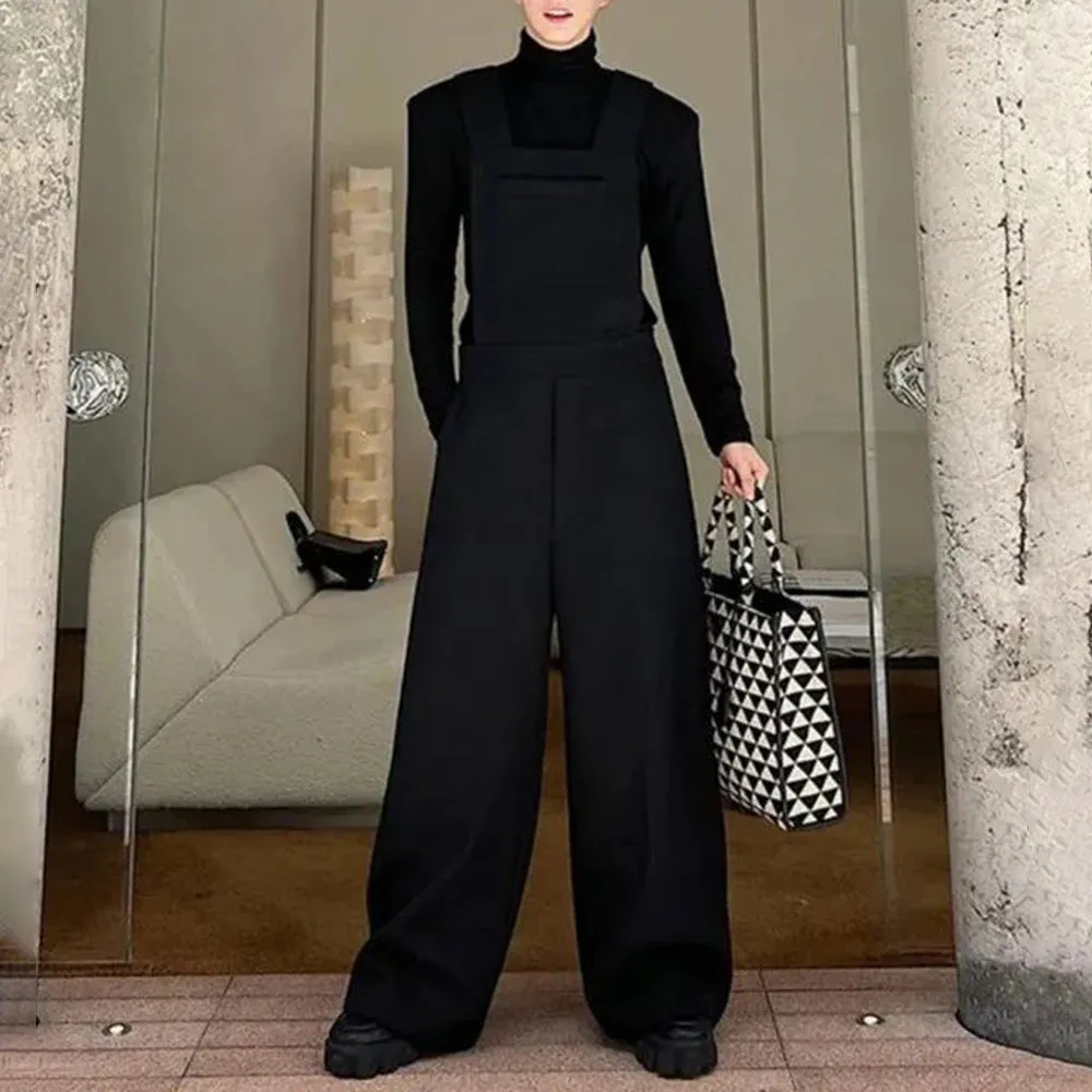 Aidase Mens Autumn Winter Solid Color Korean Retro Overalls Genderless Trendy Casual Versatile Wide Shoulder Wide Leg Pants For Men