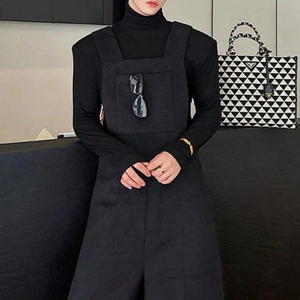 Aidase Mens Autumn Winter Solid Color Korean Retro Overalls Genderless Trendy Casual Versatile Wide Shoulder Wide Leg Pants For Men