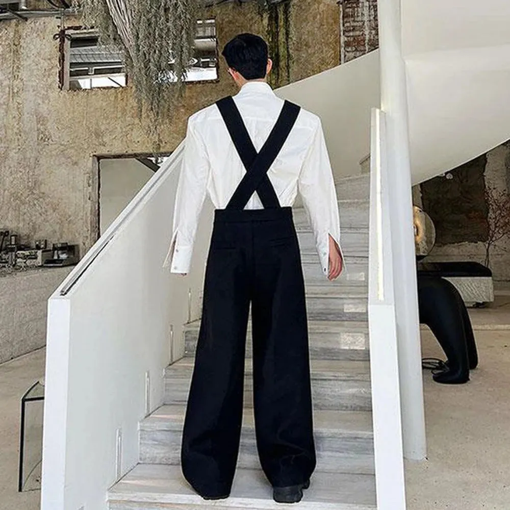 Aidase Mens Autumn Winter Solid Color Korean Retro Overalls Genderless Trendy Casual Versatile Wide Shoulder Wide Leg Pants For Men