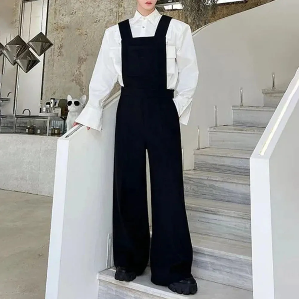Aidase Mens Autumn Winter Solid Color Korean Retro Overalls Genderless Trendy Casual Versatile Wide Shoulder Wide Leg Pants For Men