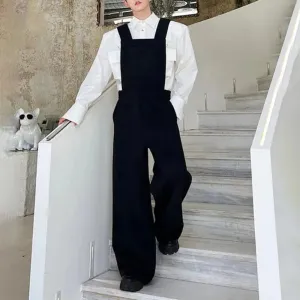 Aidase Mens Autumn Winter Solid Color Korean Retro Overalls Genderless Trendy Casual Versatile Wide Shoulder Wide Leg Pants For Men
