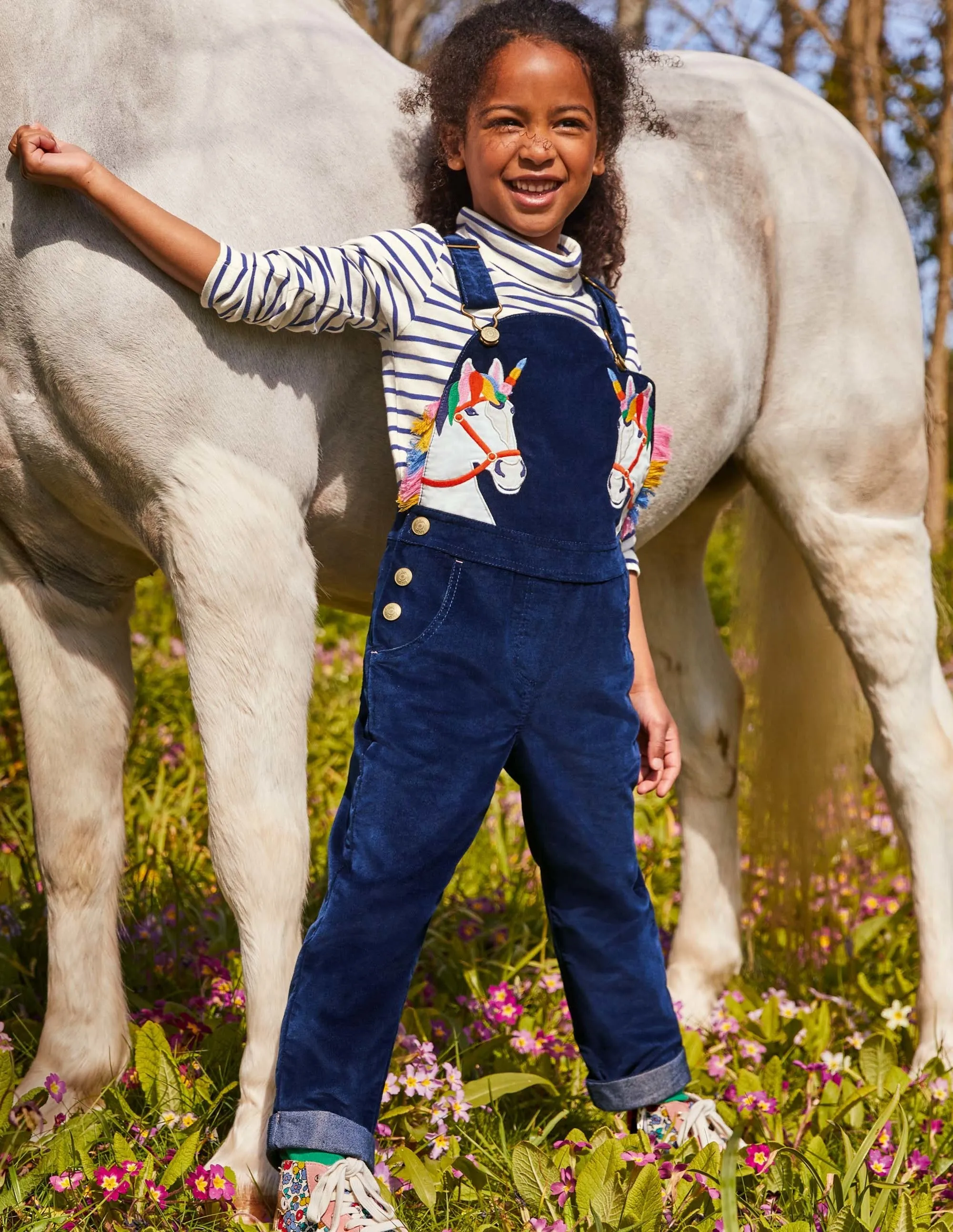 Appliqué Velvet Dungarees-Starboard Blue Unicorns