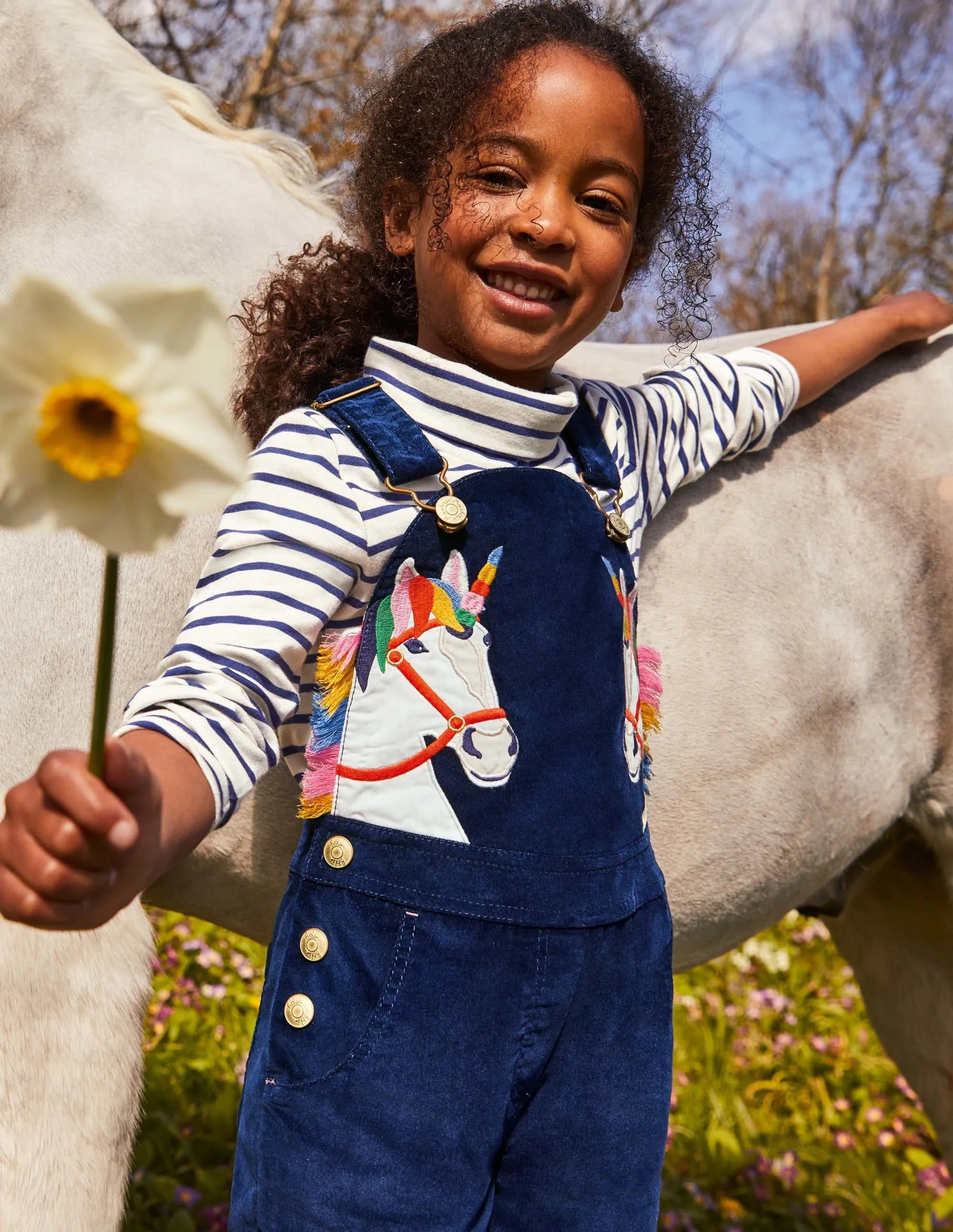 Appliqué Velvet Dungarees-Starboard Blue Unicorns