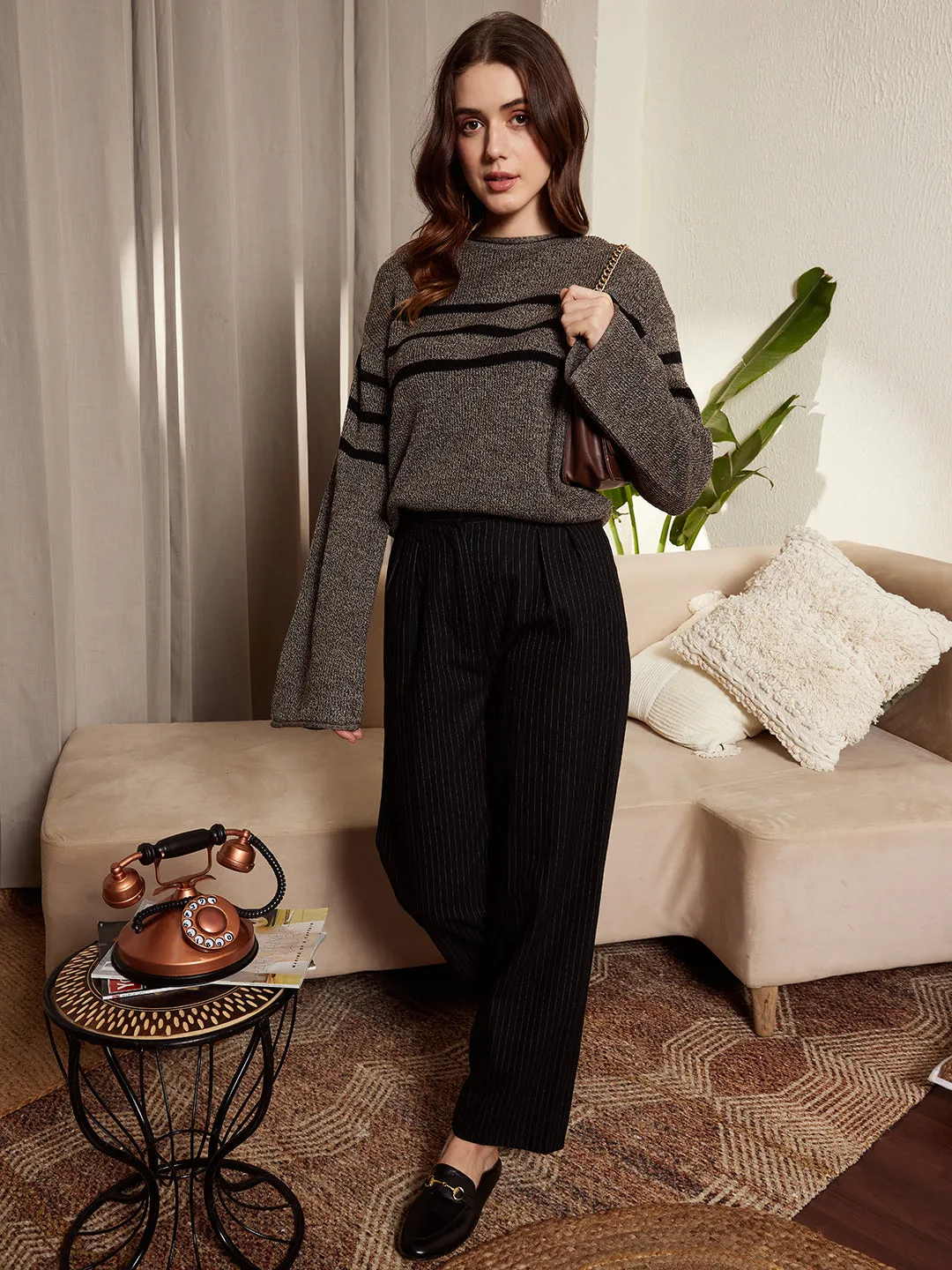 Berrylush Women Grey & Black Striped Pattern Round Neck Trumpet Sleeves Straight Hem Regular Sweater