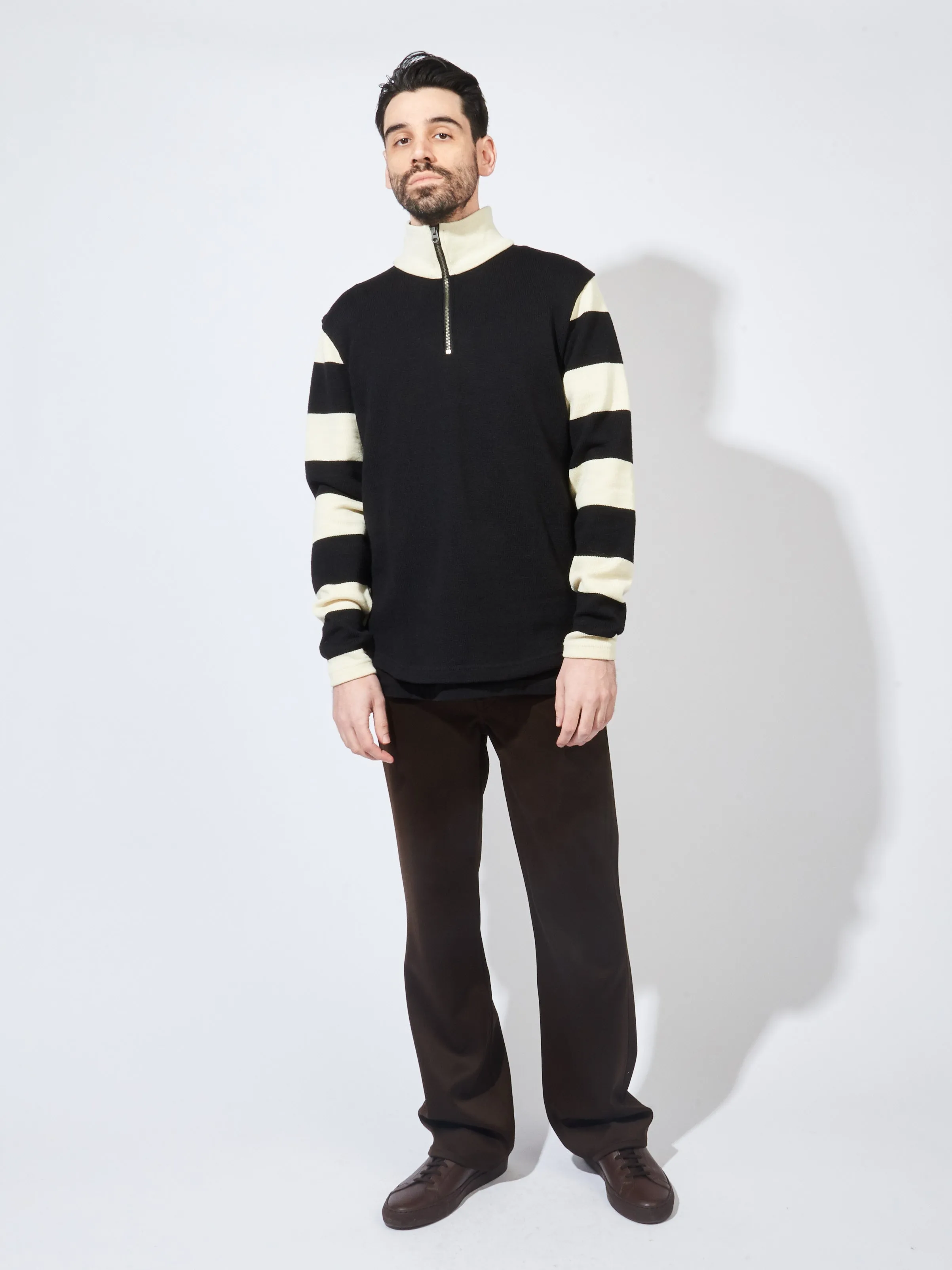 Black/Off-White Stripe 1/4 Zip Moto-Jersey