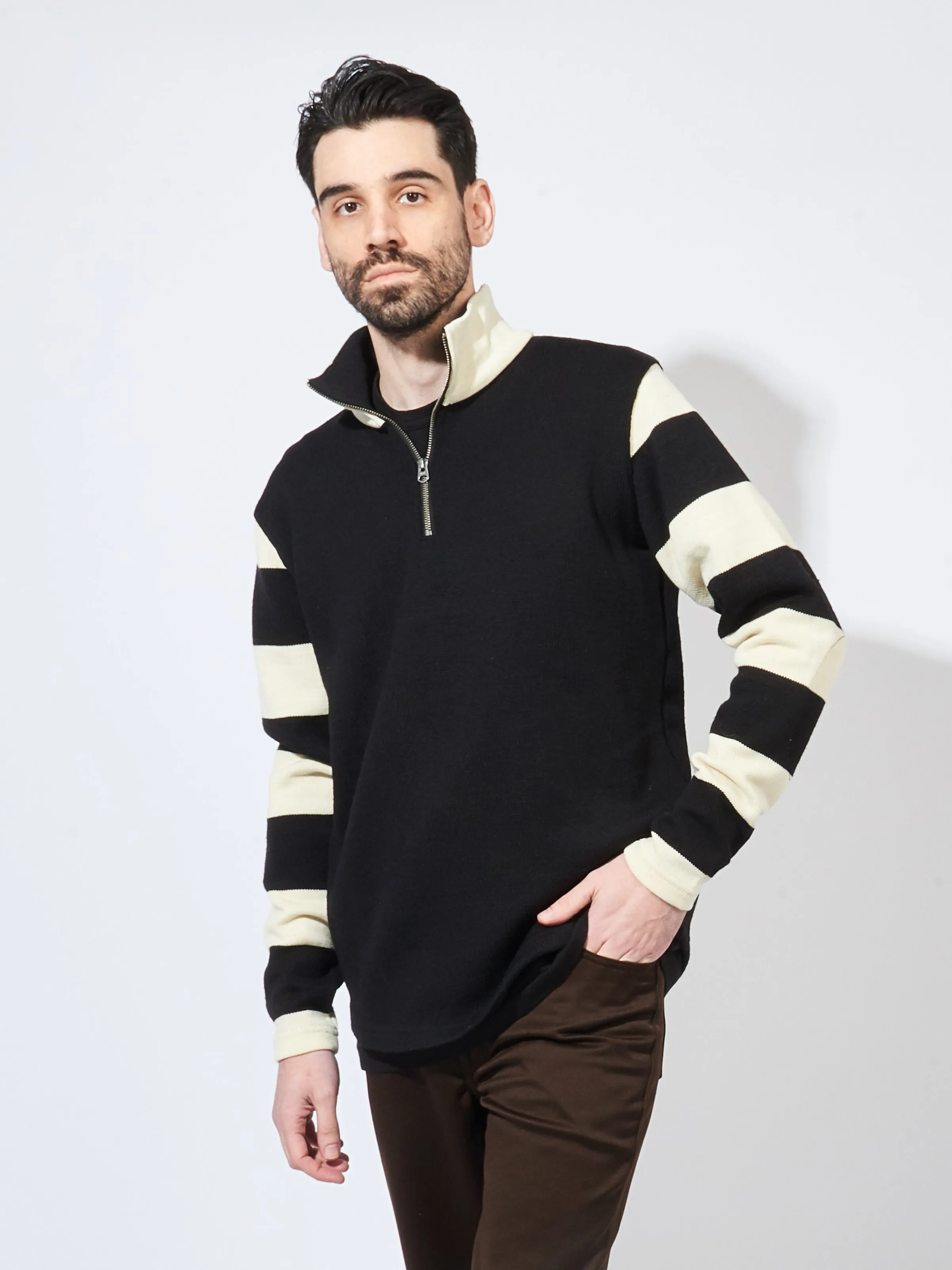 Black/Off-White Stripe 1/4 Zip Moto-Jersey