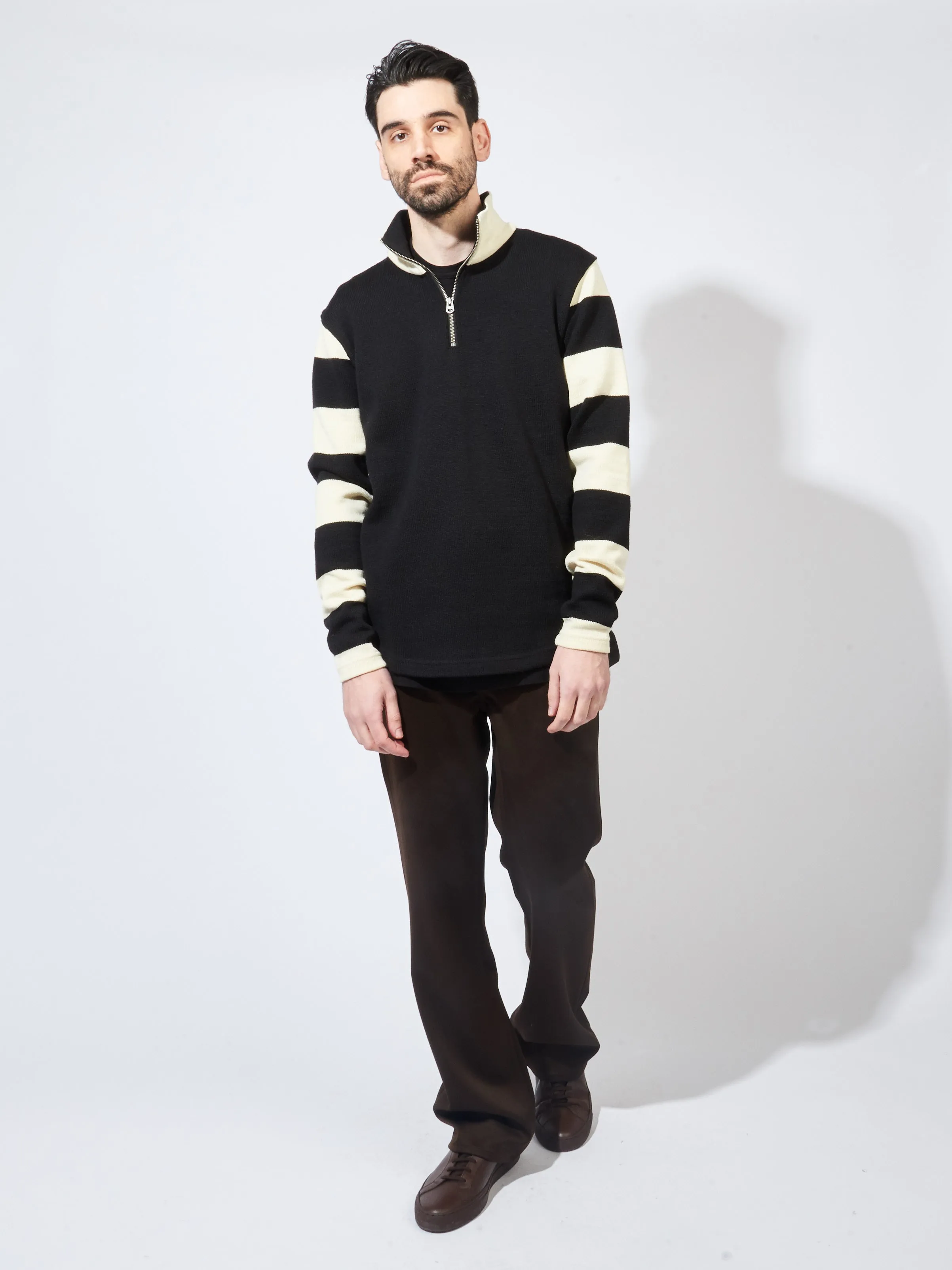 Black/Off-White Stripe 1/4 Zip Moto-Jersey