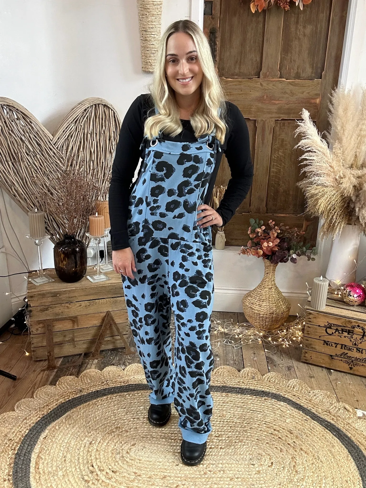 Denim Leopard Print Dungarees