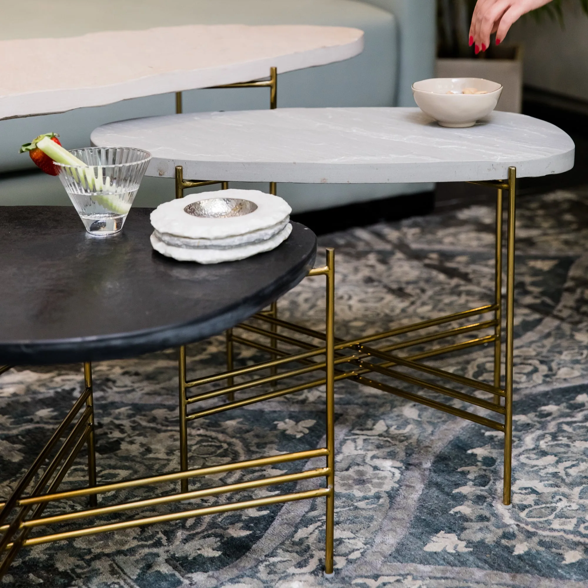 Elan Pietra Coffee Table - Eclipse (Beige Sandstone, Polished Brass Finish)