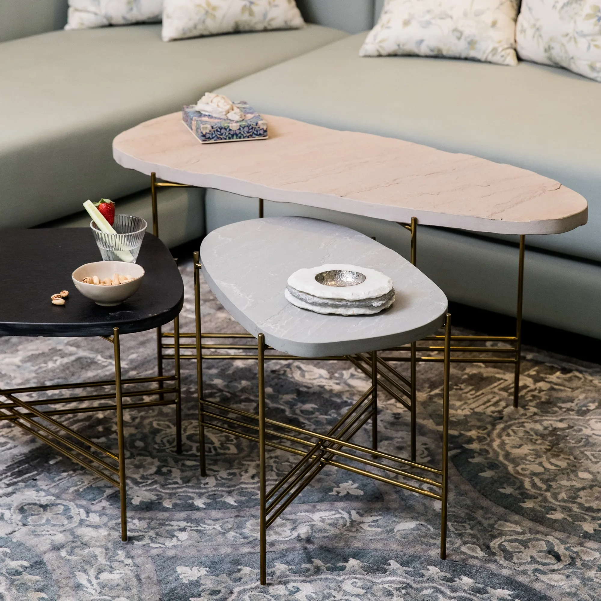 Elan Pietra Coffee Table - Eclipse (Beige Sandstone, Polished Brass Finish)