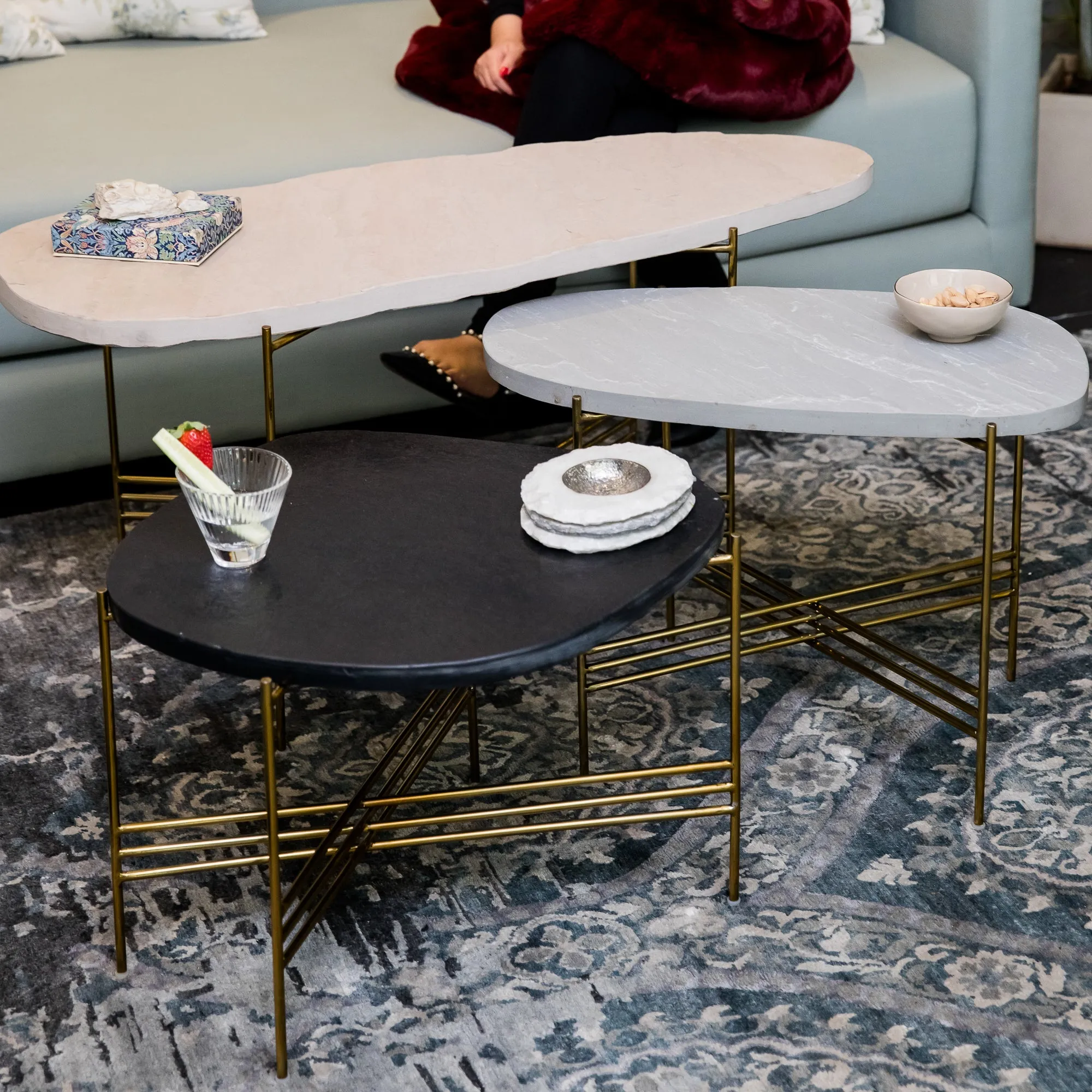 Elan Pietra Coffee Table - Eclipse (Beige Sandstone, Polished Brass Finish)
