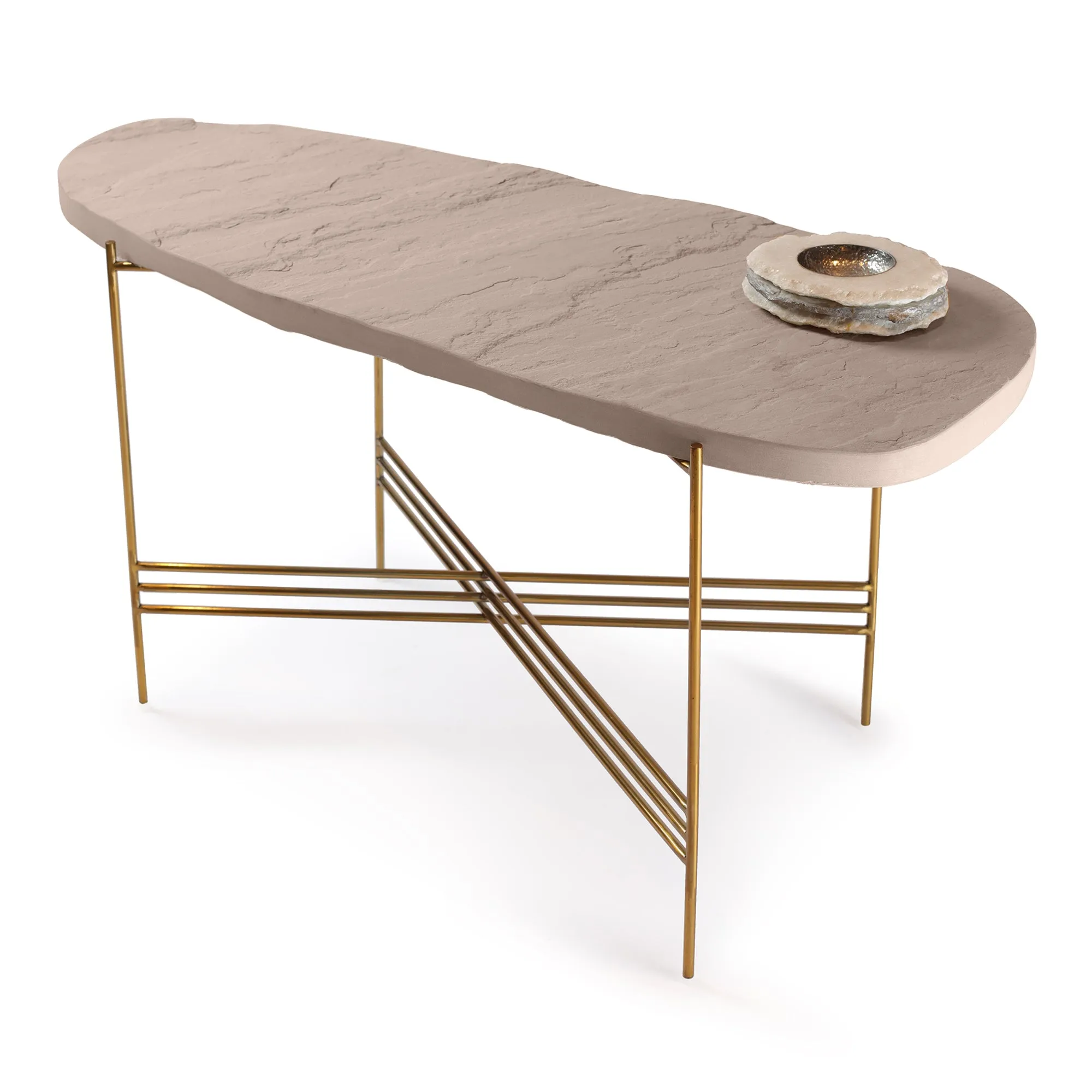 Elan Pietra Coffee Table - Eclipse (Beige Sandstone, Polished Brass Finish)