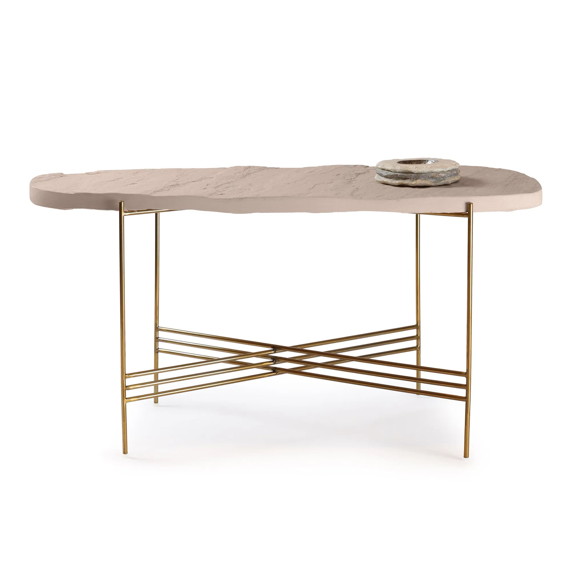 Elan Pietra Coffee Table - Eclipse (Beige Sandstone, Polished Brass Finish)