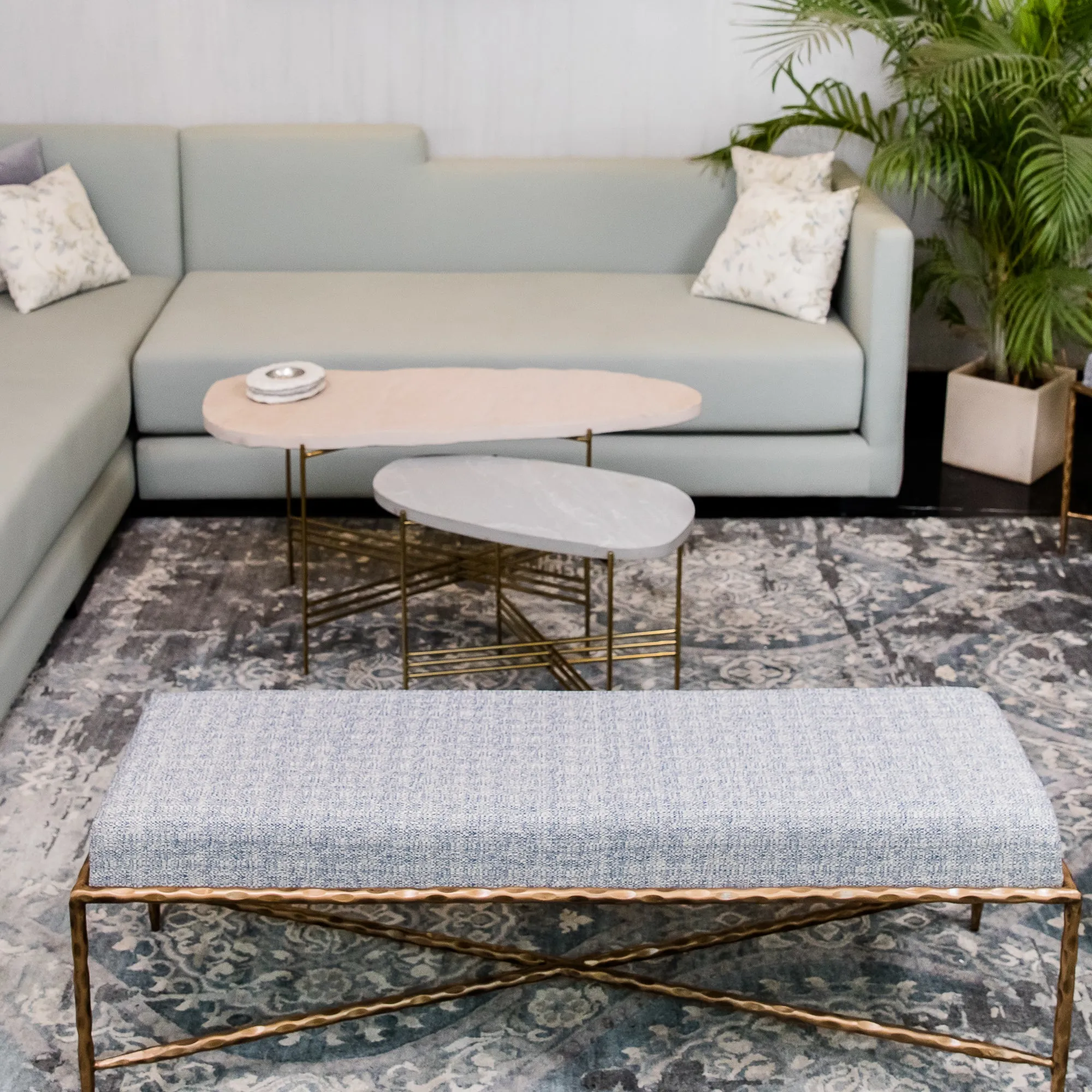 Elan Pietra Coffee Table - Oblong (Grey Sandstone, Polished Brass Finish)