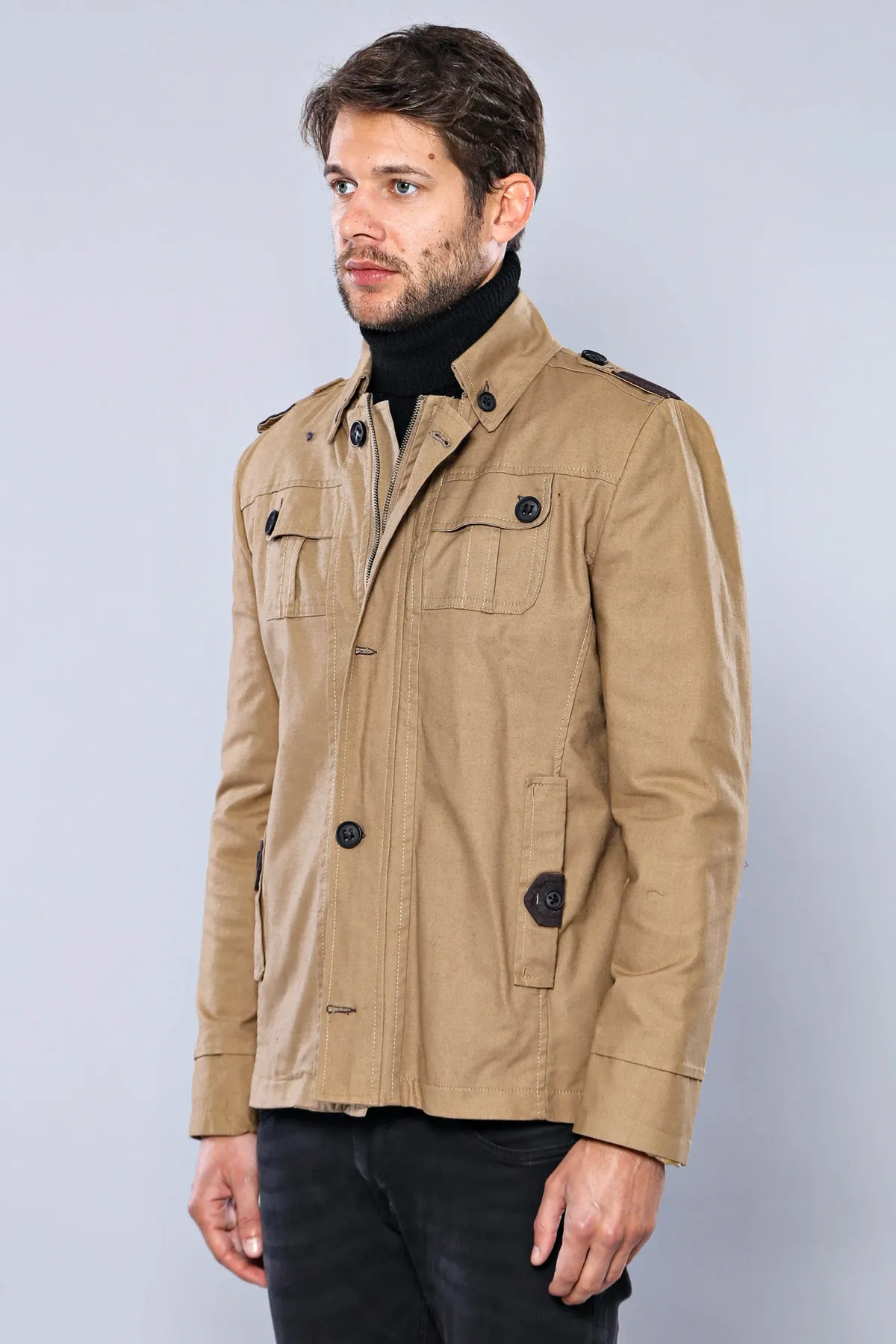 Epaulette 4 Pockets Washed Beige Coat-Wessi
