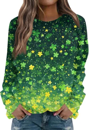 Green St Patricks Day SweatshirtWomens Long Sleeve Sweatshirt Round Neck Shamrock Print Loose Pullover