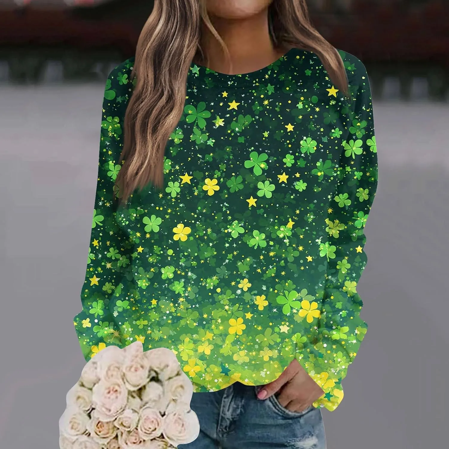 Green St Patricks Day SweatshirtWomens Long Sleeve Sweatshirt Round Neck Shamrock Print Loose Pullover