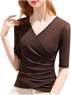 jovati Womens Casual V-Neck T-shirt Fashion Versatile Solid Short Sleeve Tunic Tops Loose Fit Comfy Elegant Blouse 2024