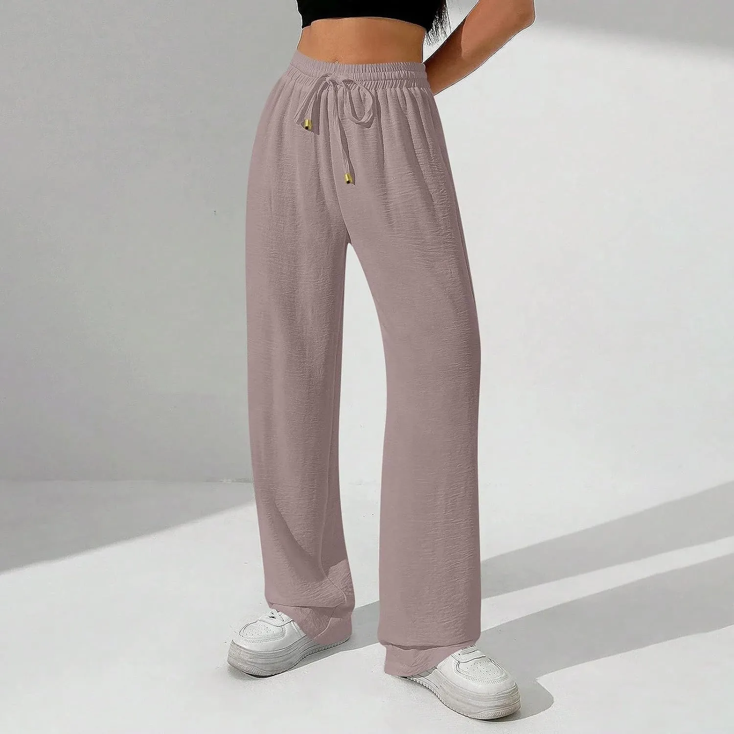 Ladies Linen Pants Summer Drawstring High Waist Wide Leg Pants Casual Palazzo Pant Fashion Trouser with Pockets