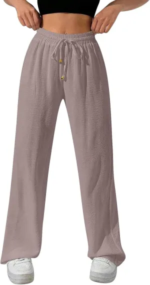 Ladies Linen Pants Summer Drawstring High Waist Wide Leg Pants Casual Palazzo Pant Fashion Trouser with Pockets