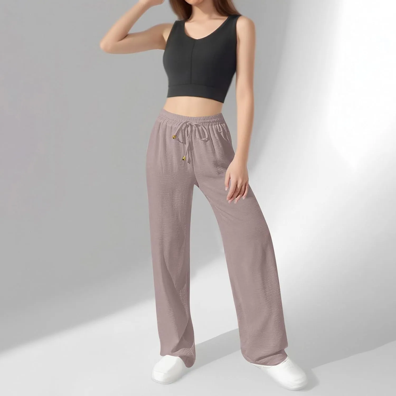 Ladies Linen Pants Summer Drawstring High Waist Wide Leg Pants Casual Palazzo Pant Fashion Trouser with Pockets