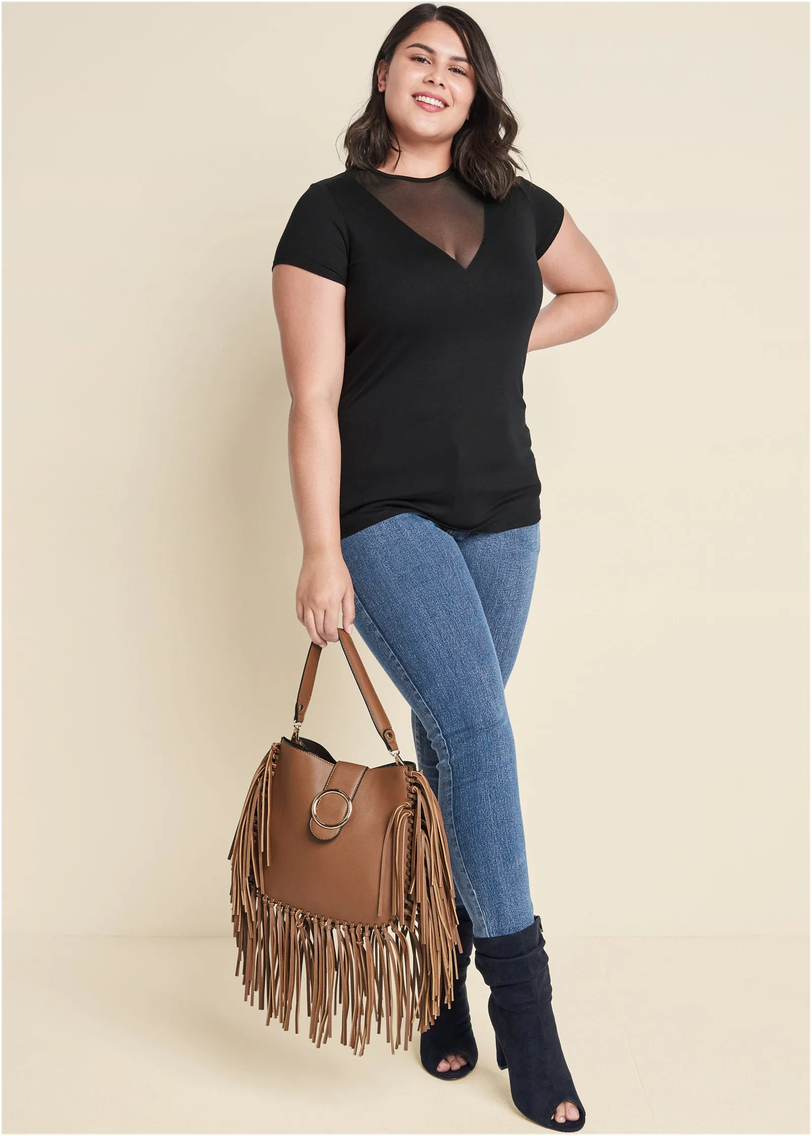 Mesh Detail V-Neck Top - Black