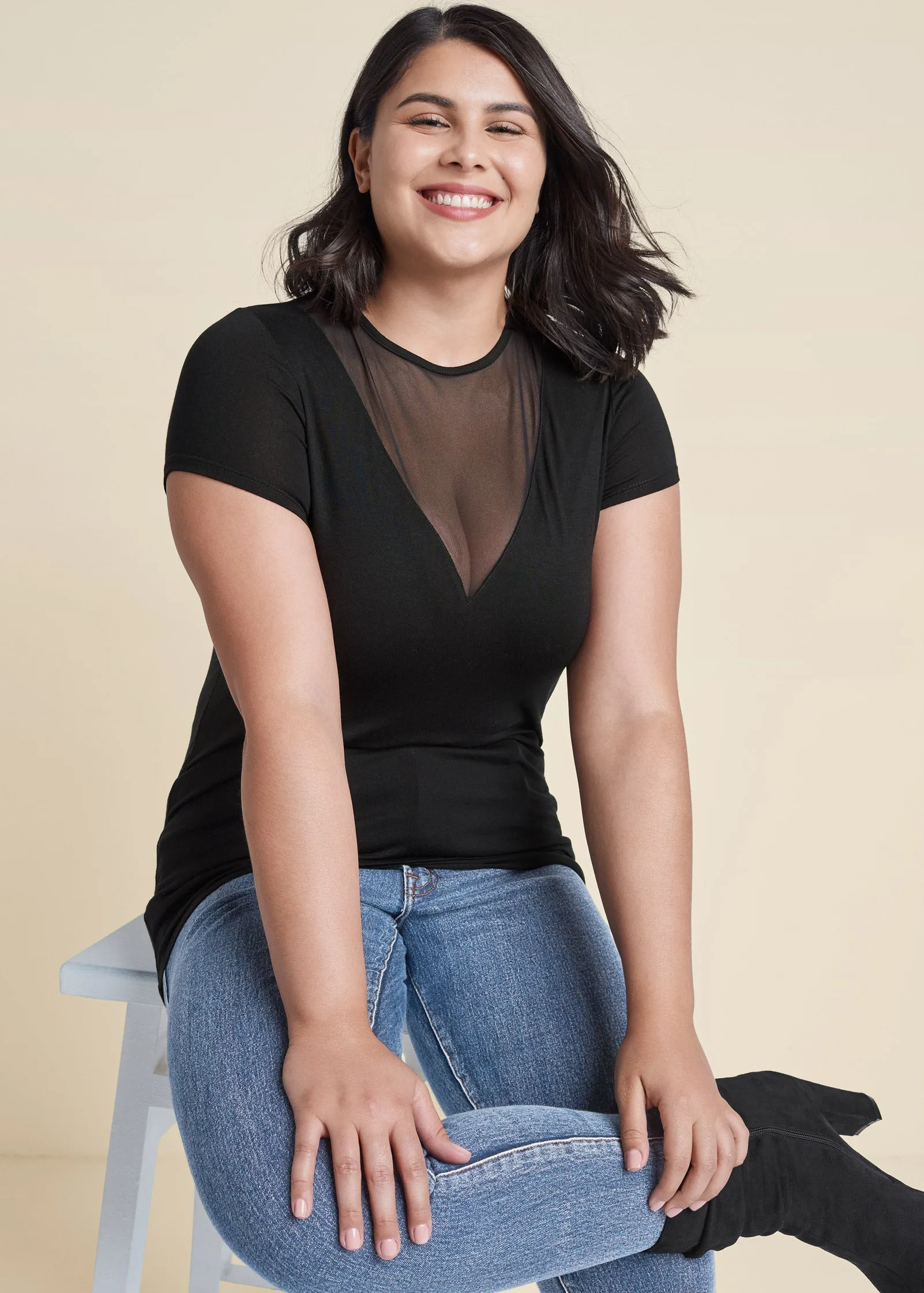 Mesh Detail V-Neck Top - Black