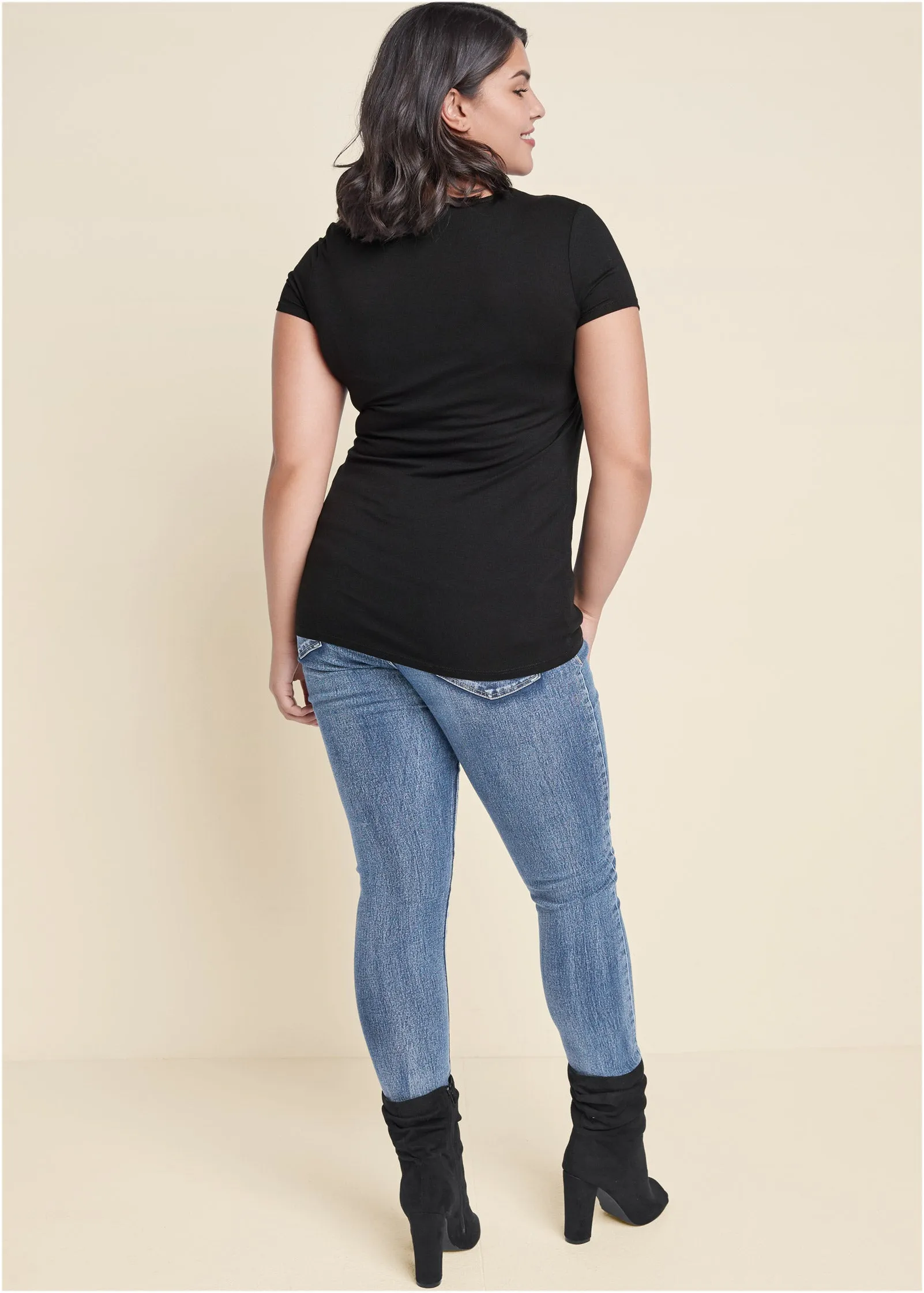 Mesh Detail V-Neck Top - Black