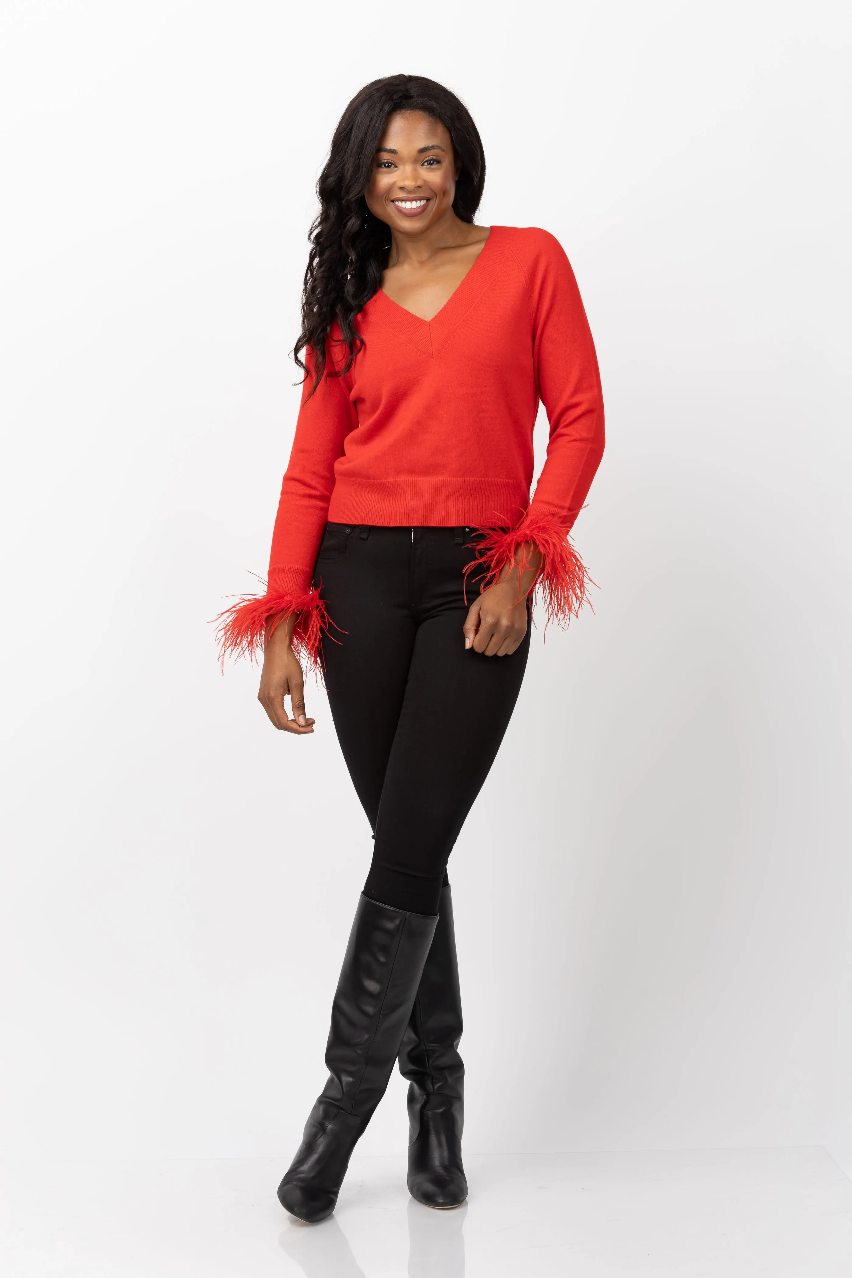Milly Feather Cuff V-Neck Sweater in Red