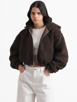Nuon Dark Brown Fur Crop Hoodie Jacket