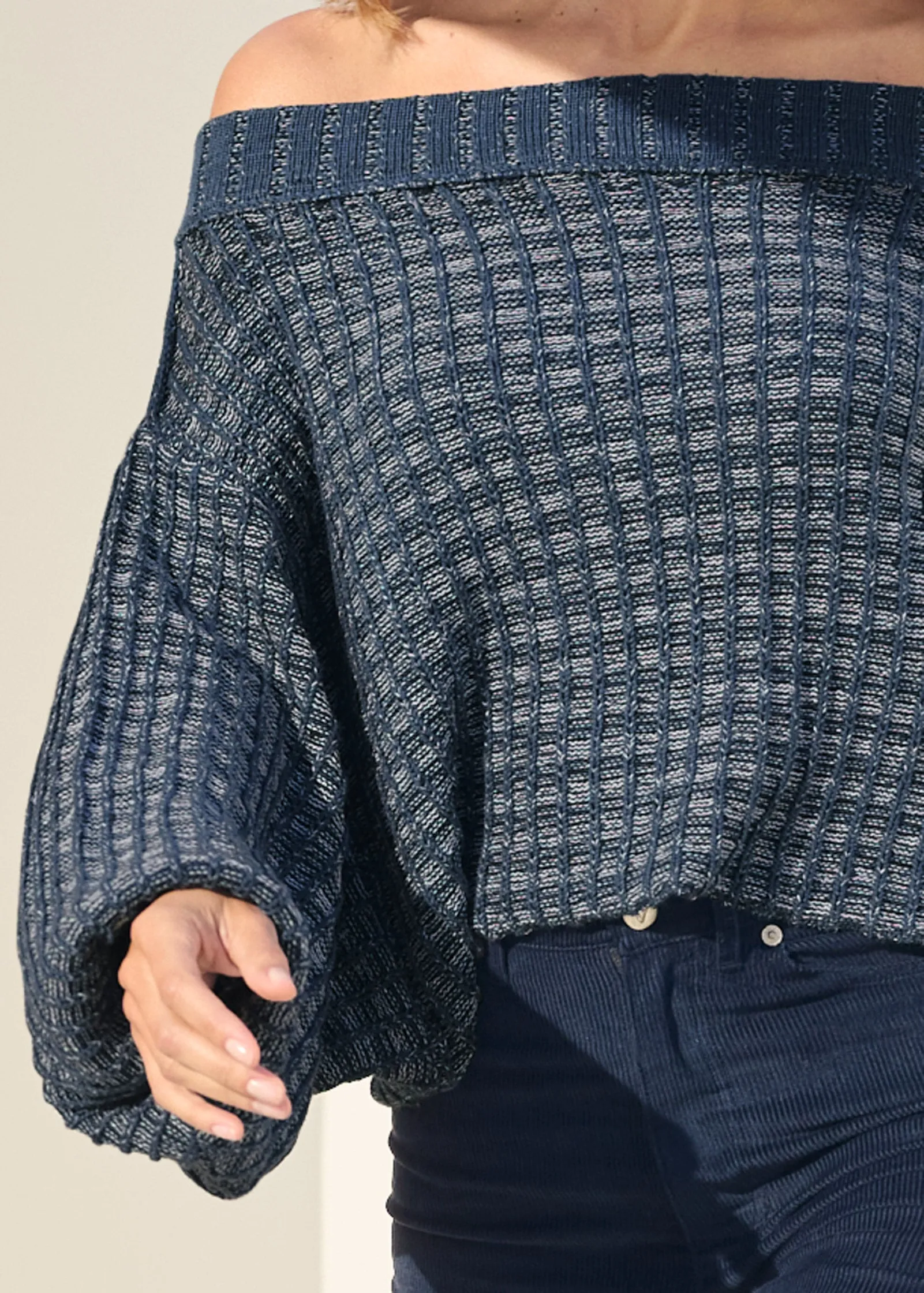 Off-The-Shoulder Sweater - Navy & White