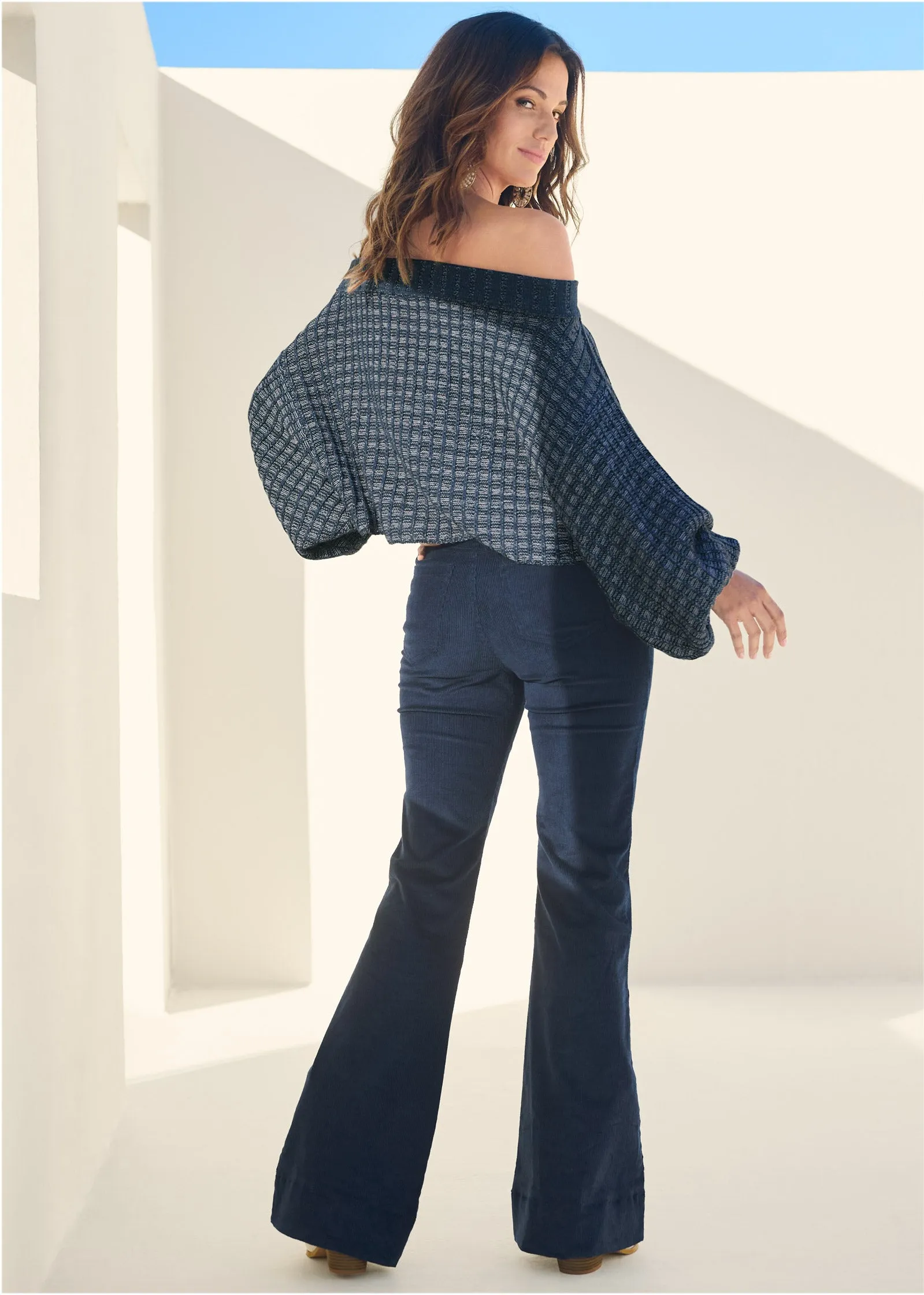 Off-The-Shoulder Sweater - Navy & White