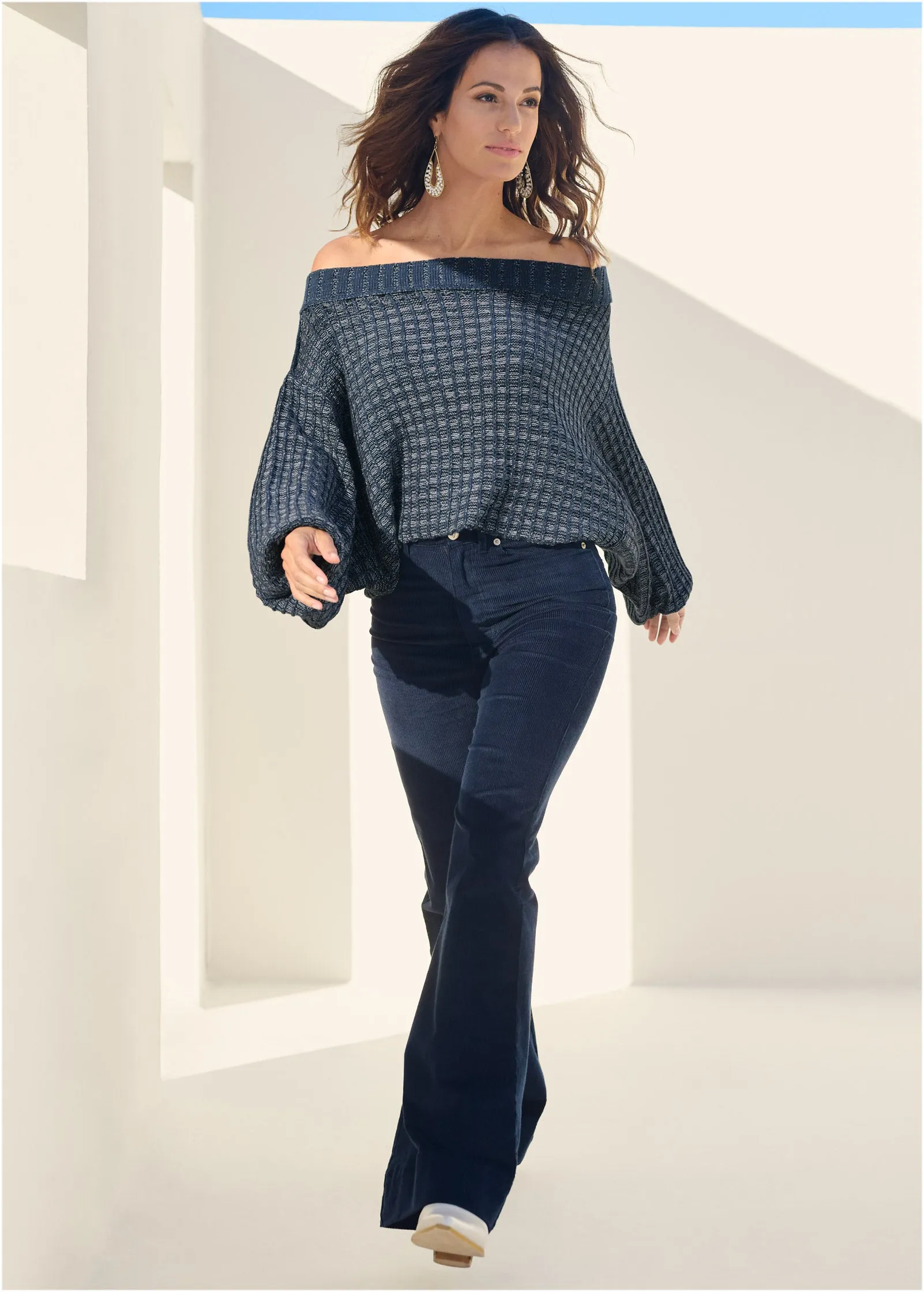 Off-The-Shoulder Sweater - Navy & White
