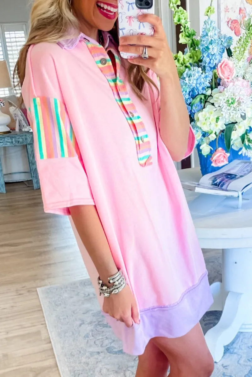 Pink Multicolor Rainbow Stripe T Shirt Dress