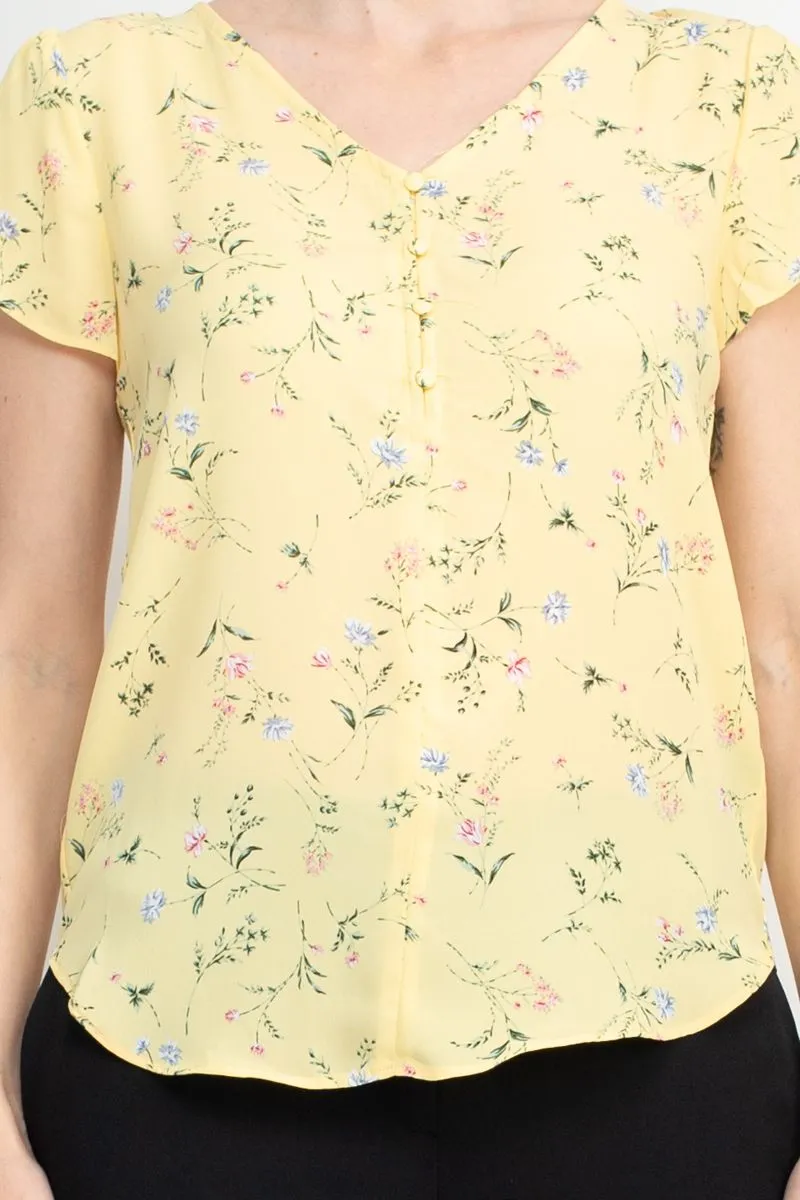 Premise V-Neck Short Sleeves Floral Crepe Top