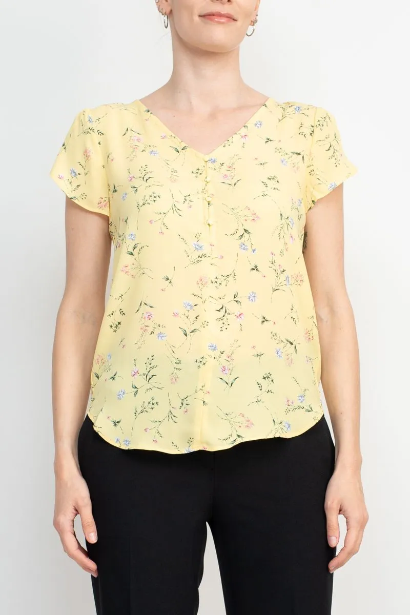 Premise V-Neck Short Sleeves Floral Crepe Top
