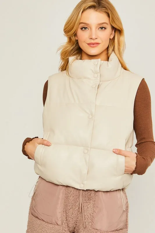 PU Leather Mock Neck Padded Vest