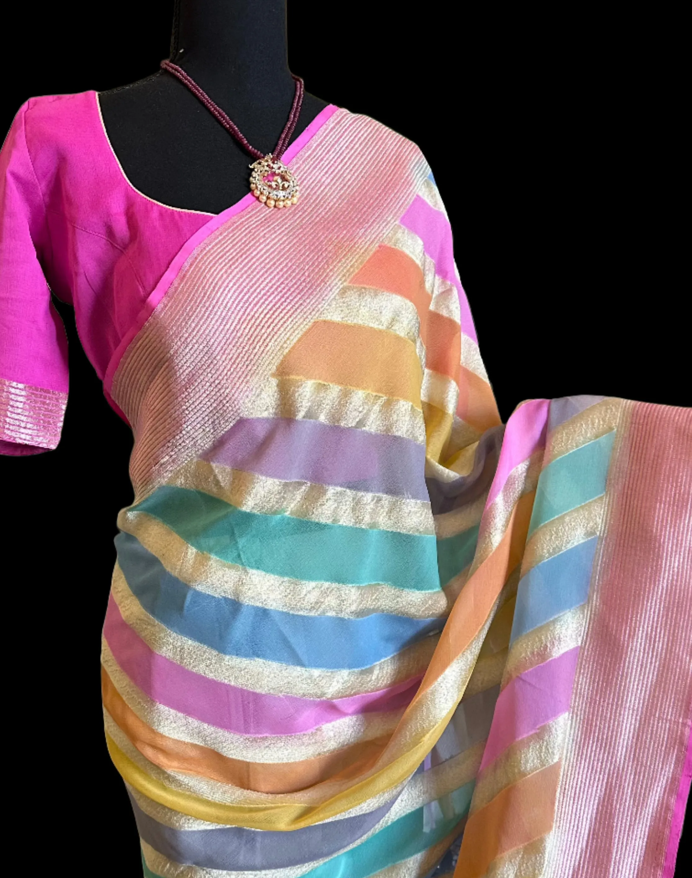 Pure Beneras khaddi chiffon Silk with stitched  blouse