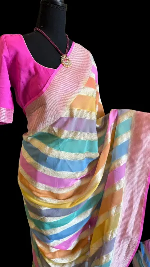 Pure Beneras khaddi chiffon Silk with stitched  blouse