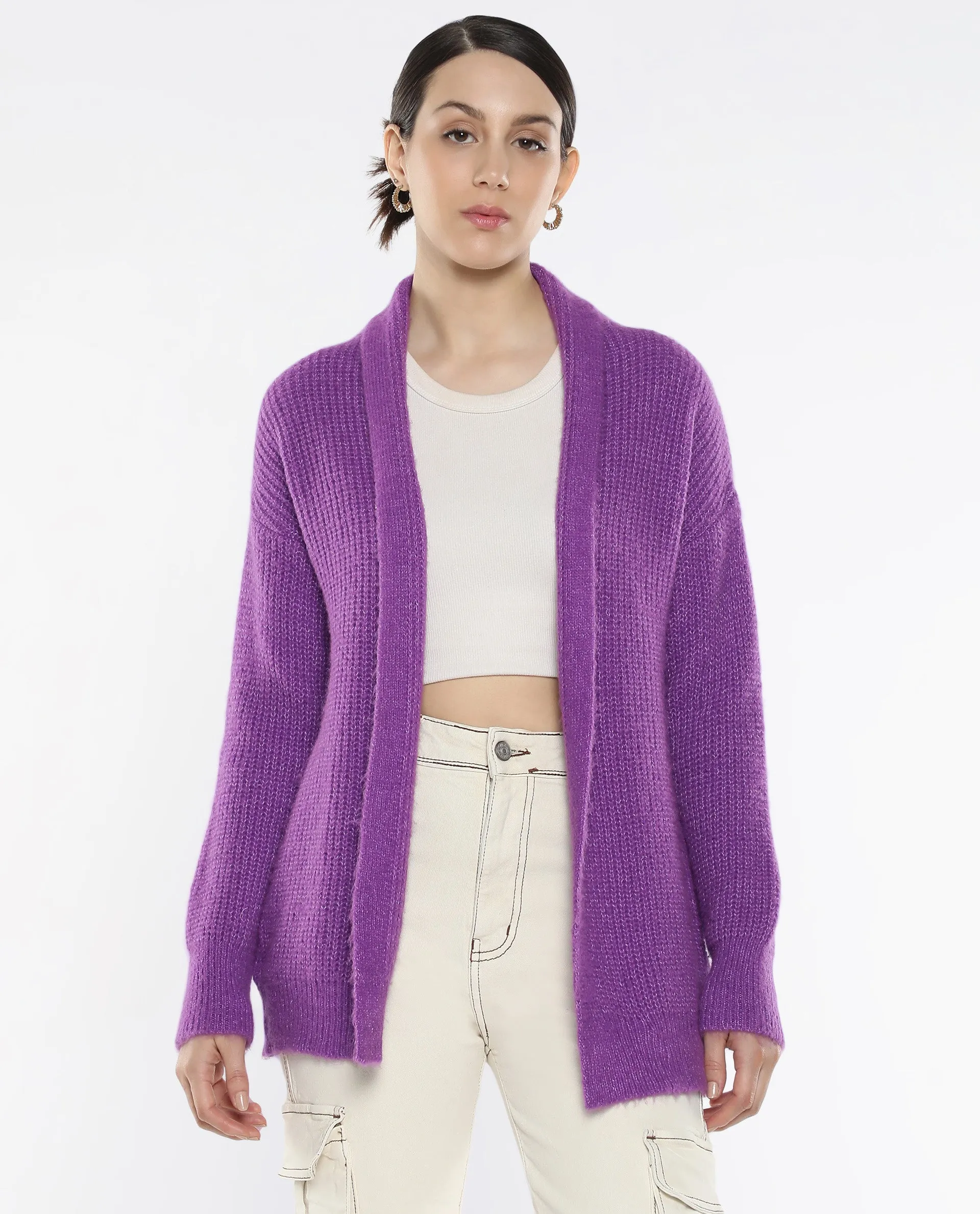 Rareism Women Jug Purple Acrylic Polyester Fabric Relaxed Fit Plain Shrug