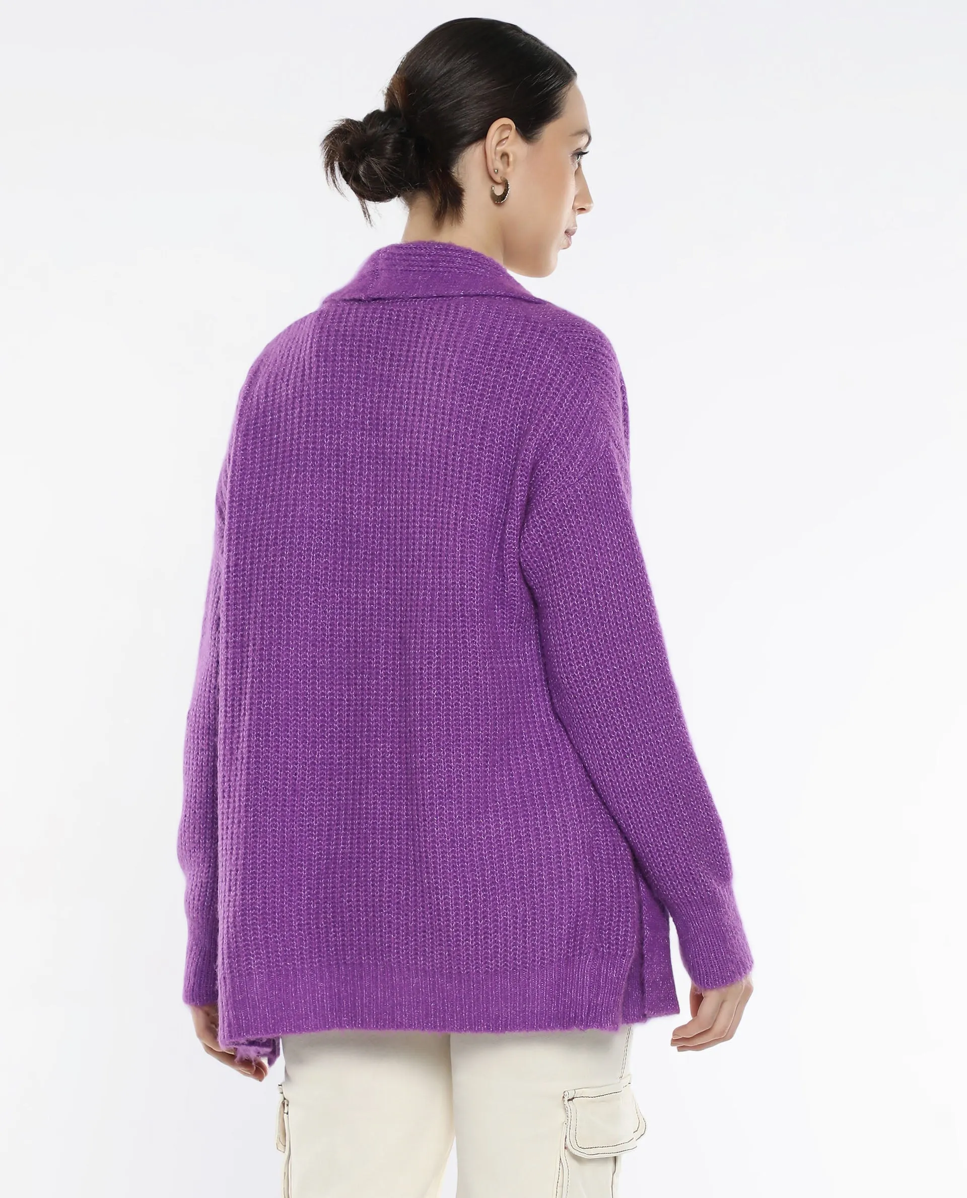 Rareism Women Jug Purple Acrylic Polyester Fabric Relaxed Fit Plain Shrug