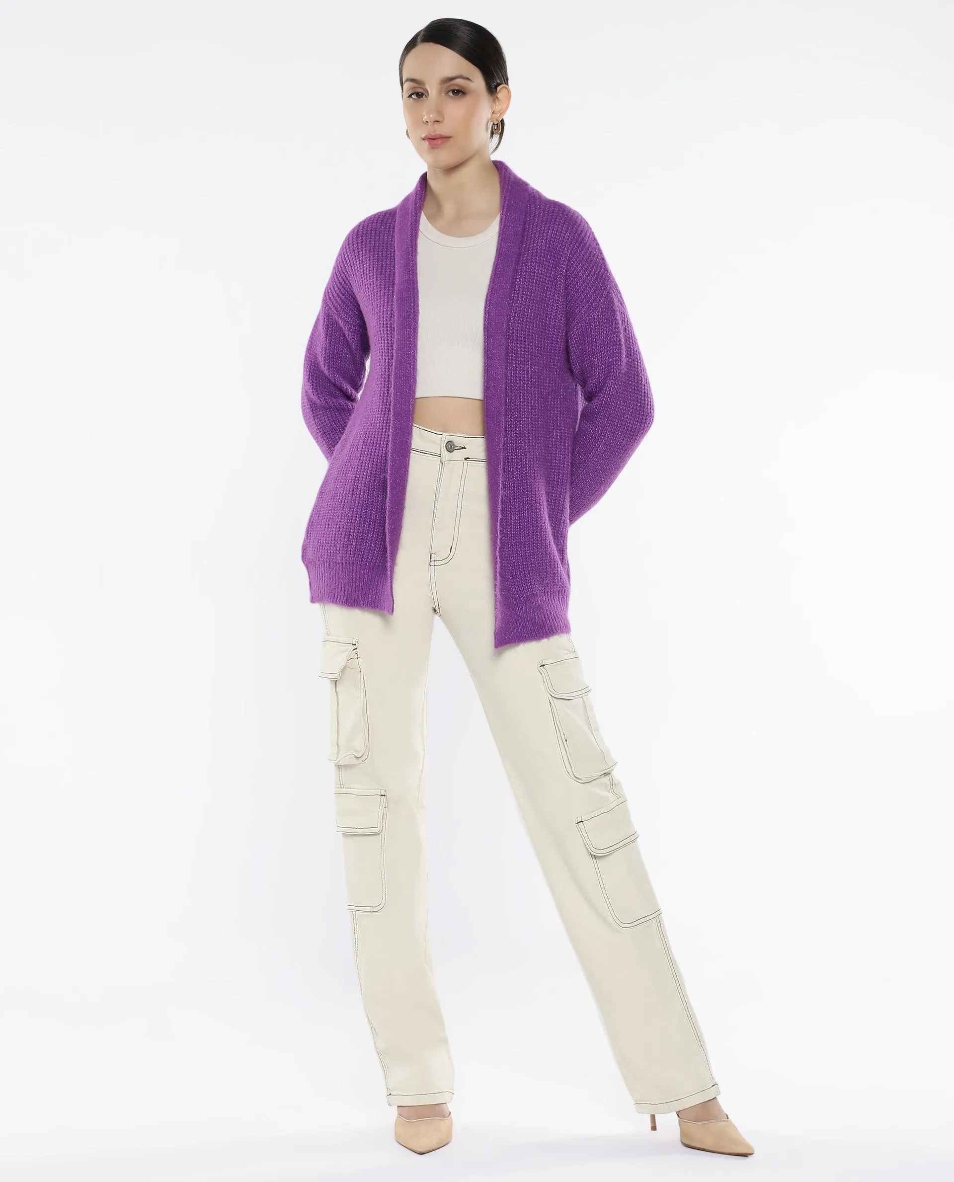Rareism Women Jug Purple Acrylic Polyester Fabric Relaxed Fit Plain Shrug