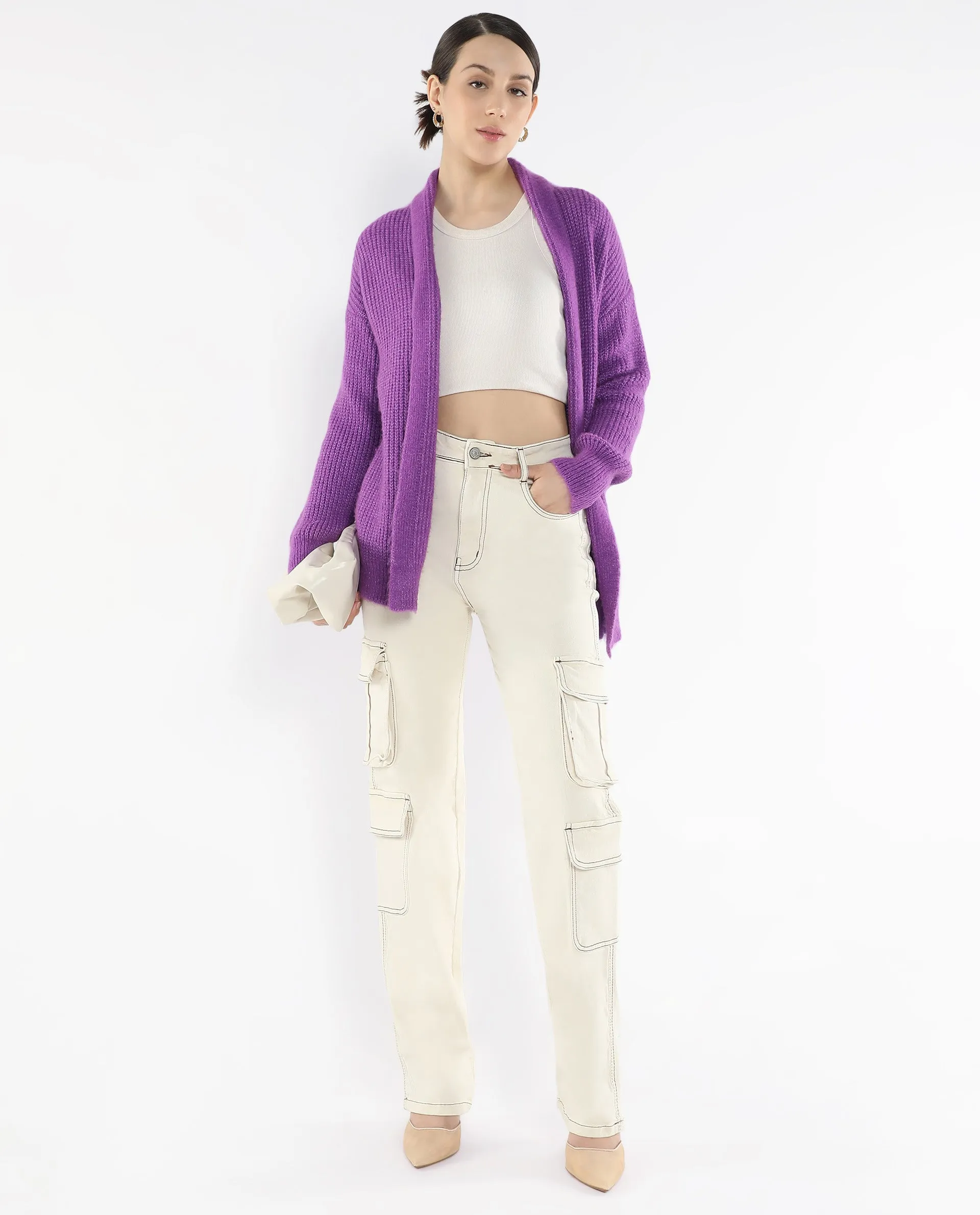 Rareism Women Jug Purple Acrylic Polyester Fabric Relaxed Fit Plain Shrug