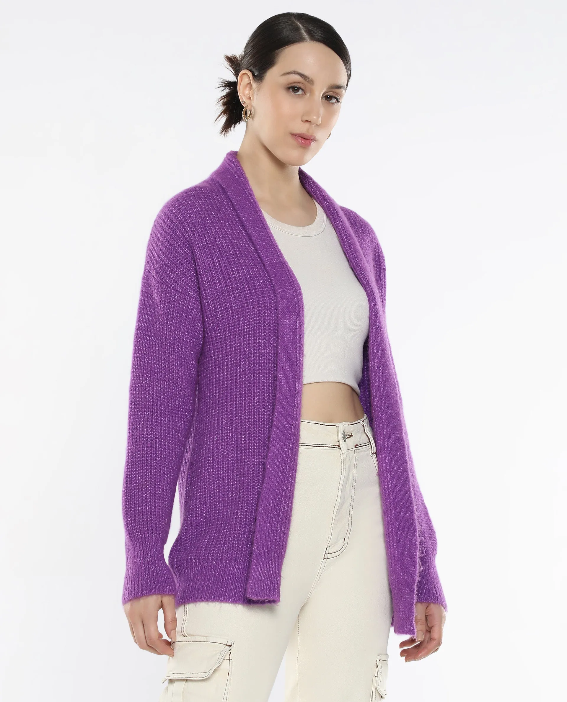 Rareism Women Jug Purple Acrylic Polyester Fabric Relaxed Fit Plain Shrug