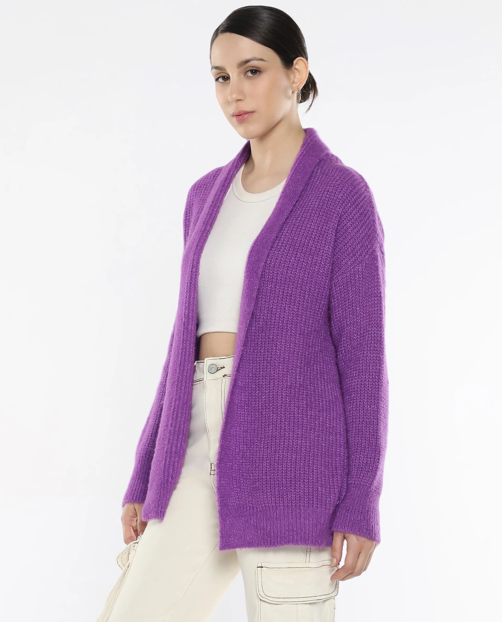 Rareism Women Jug Purple Acrylic Polyester Fabric Relaxed Fit Plain Shrug