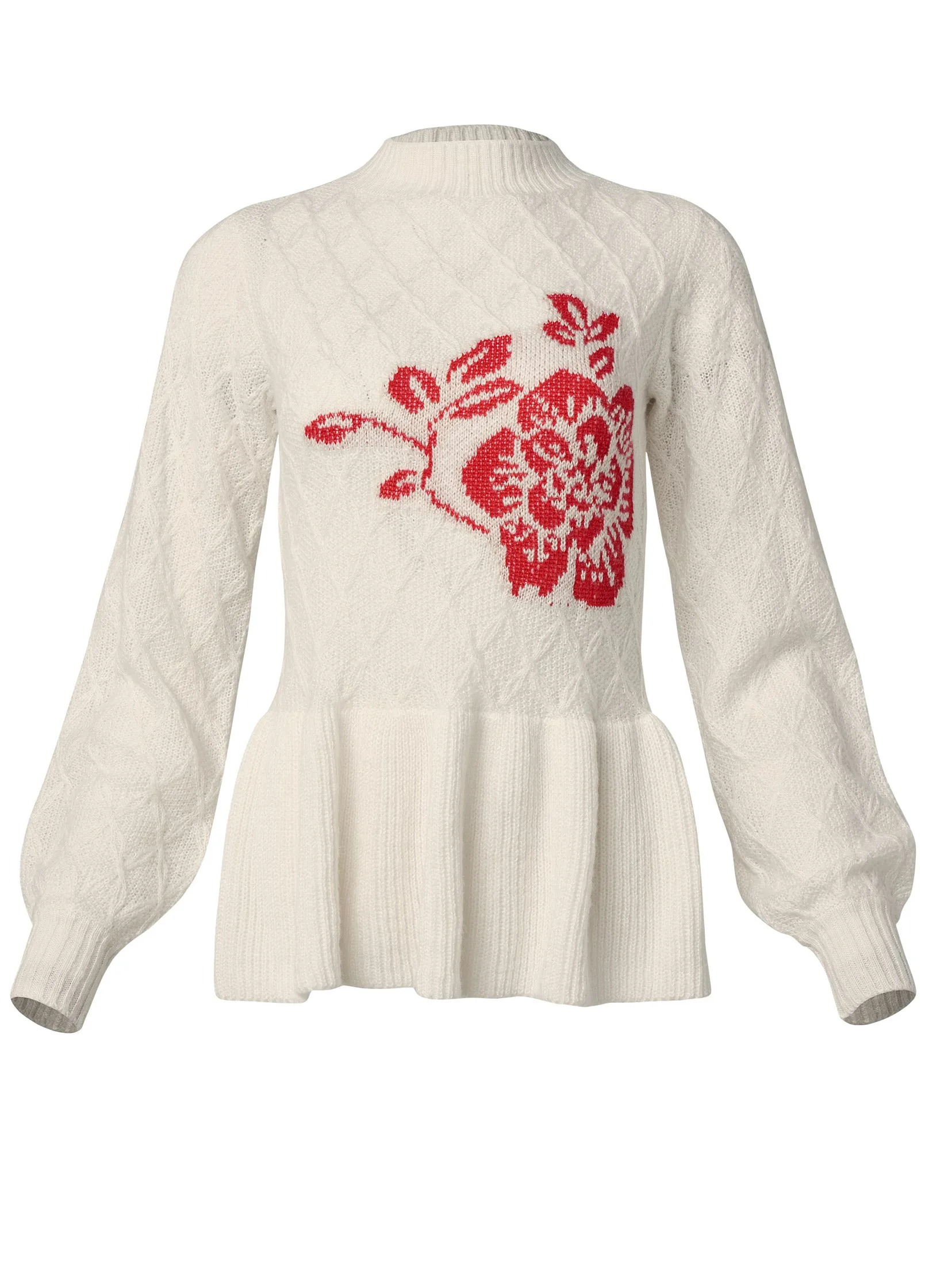 Rose Detail Peplum Sweater - Off White & Red