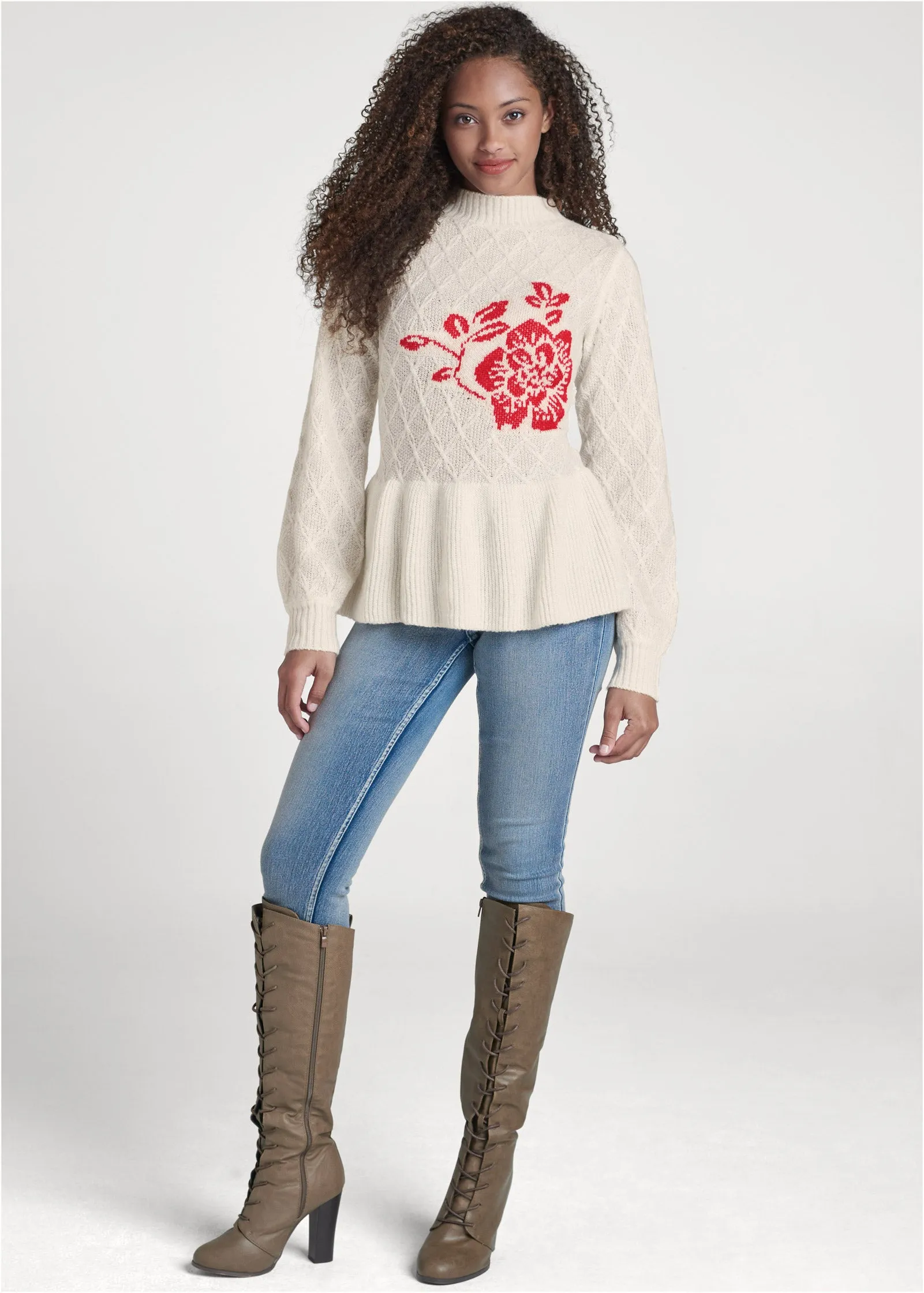 Rose Detail Peplum Sweater - Off White & Red