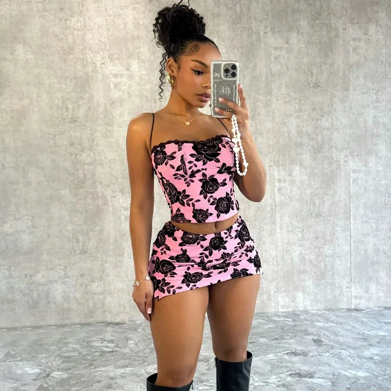 Rose suspenders sexy hip skirt