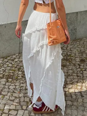 Ruffle Slit Midi Skirt